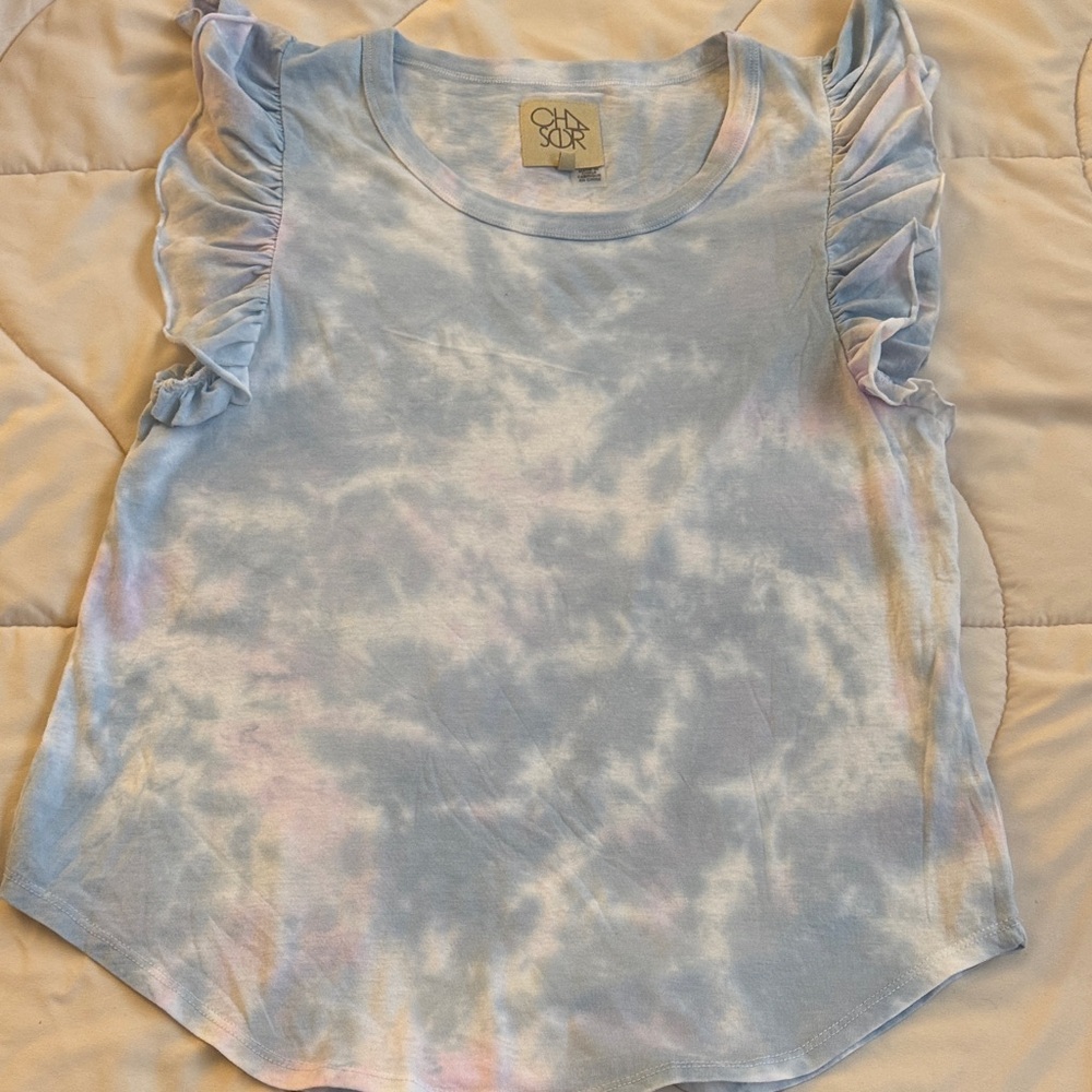 Chaser Pastel Blue and Pink Tie-Dye Ruffle Sleeve Tee